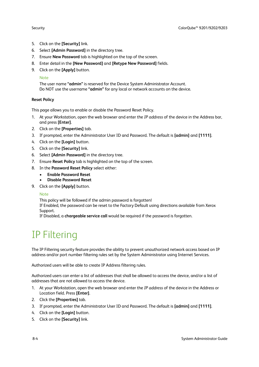 Xerox 9201, 9202, 9203 manual IP Filtering, Reset Policy 