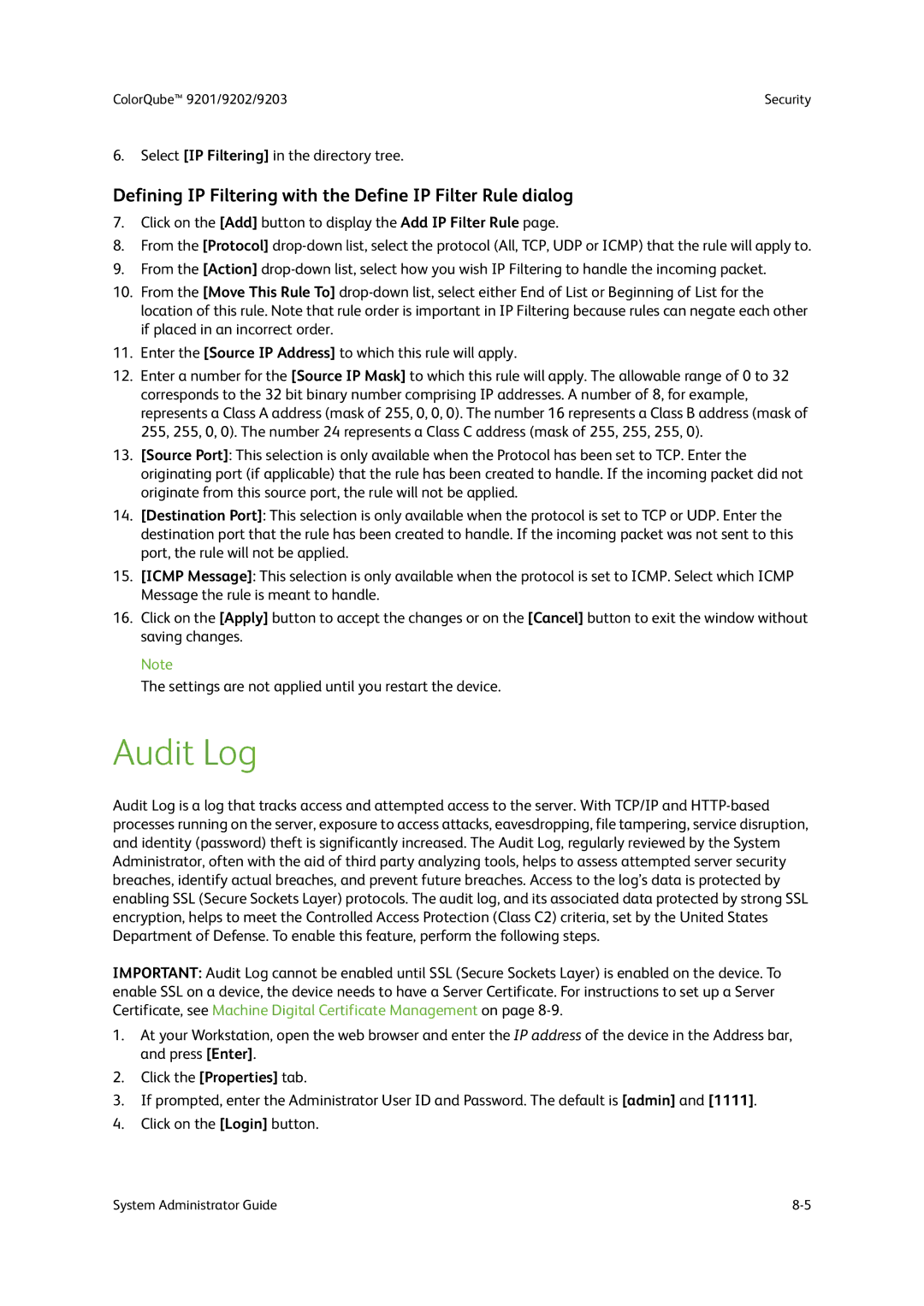 Xerox 9203, 9202, 9201 manual Audit Log, Defining IP Filtering with the Define IP Filter Rule dialog 