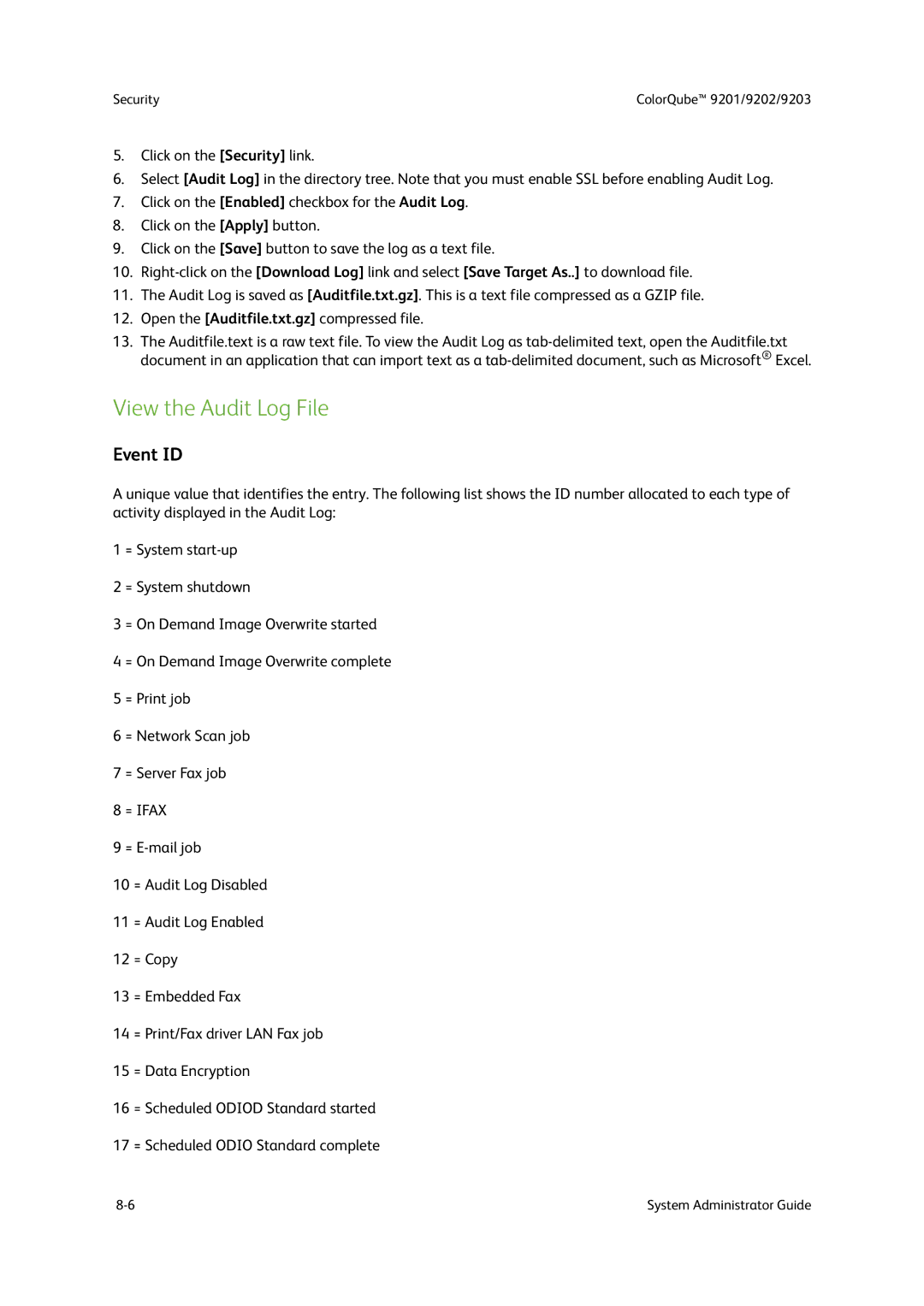 Xerox 9202, 9201, 9203 manual View the Audit Log File, Event ID 