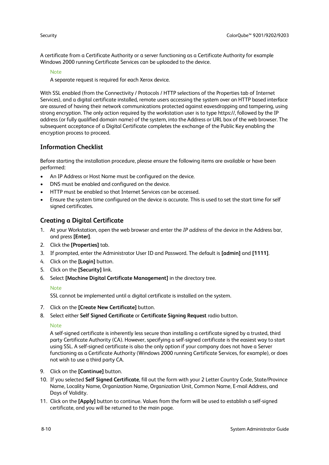 Xerox 9201, 9202, 9203 manual Information Checklist, Creating a Digital Certificate 