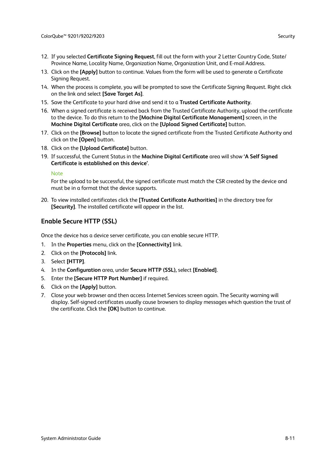 Xerox 9203, 9202, 9201 manual Enable Secure Http SSL, Click on the Upload Certificate button 