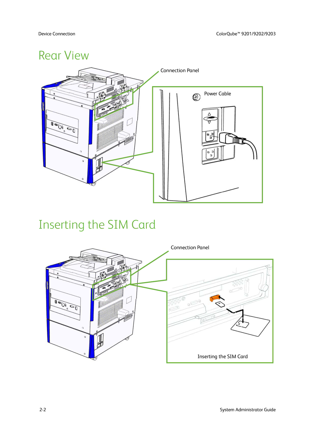 Xerox 9203, 9202, 9201 manual Rear View, Inserting the SIM Card 