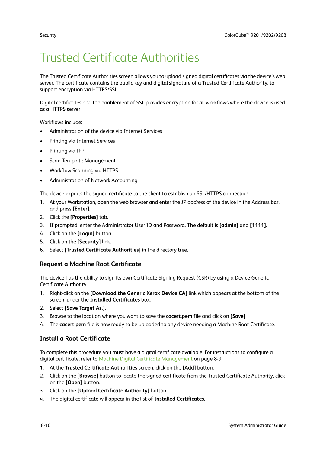 Xerox 9201, 9202, 9203 manual Trusted Certificate Authorities, Request a Machine Root Certificate, Install a Root Certificate 