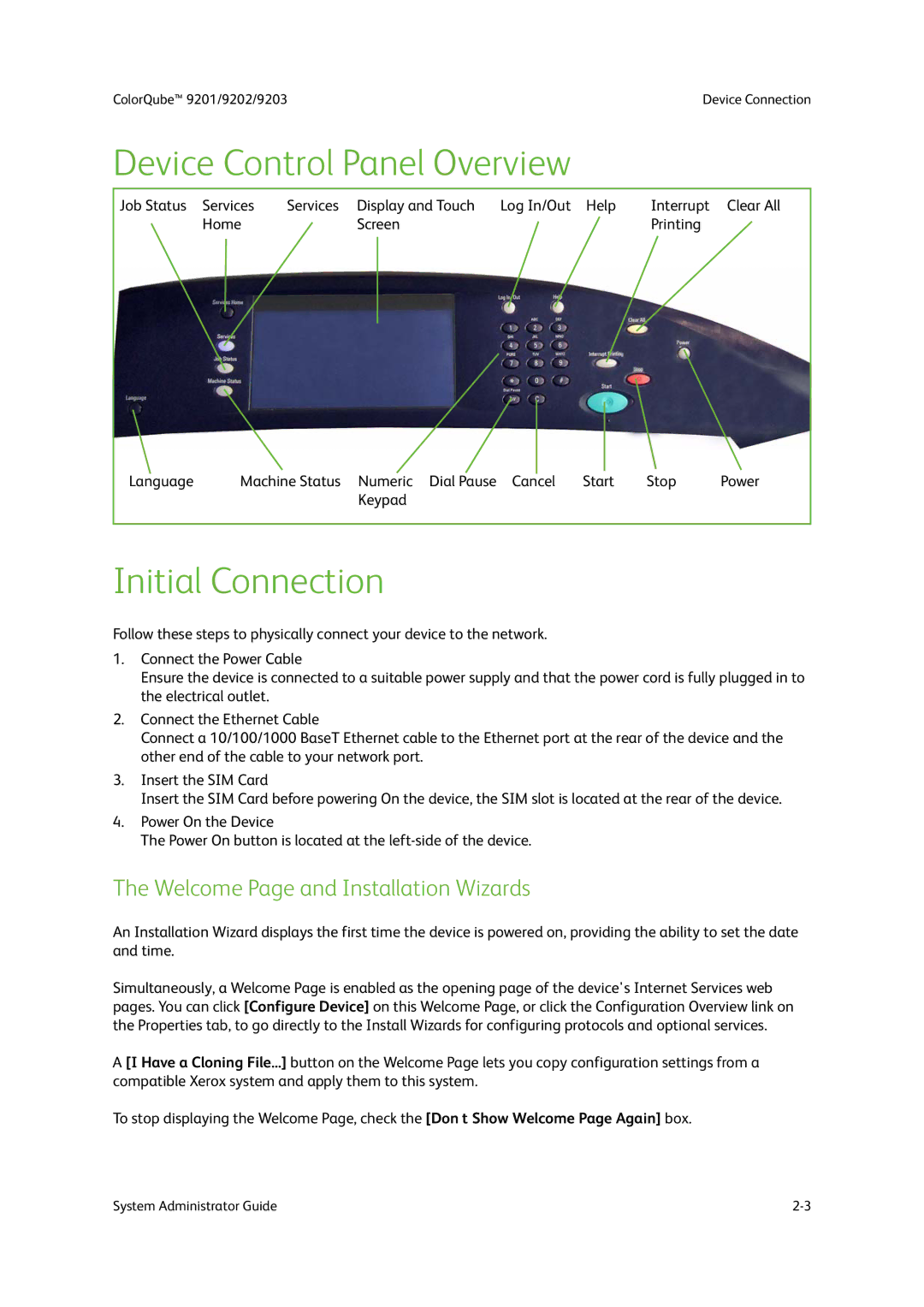 Xerox 9202, 9201, 9203 manual Device Control Panel Overview, Initial Connection, Welcome Page and Installation Wizards 