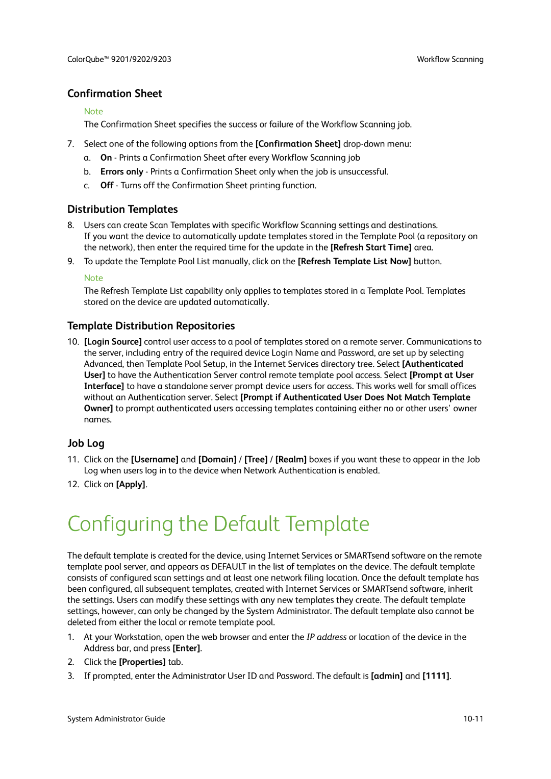 Xerox 9201, 9202, 9203 manual Configuring the Default Template, Confirmation Sheet, Distribution Templates, Job Log 