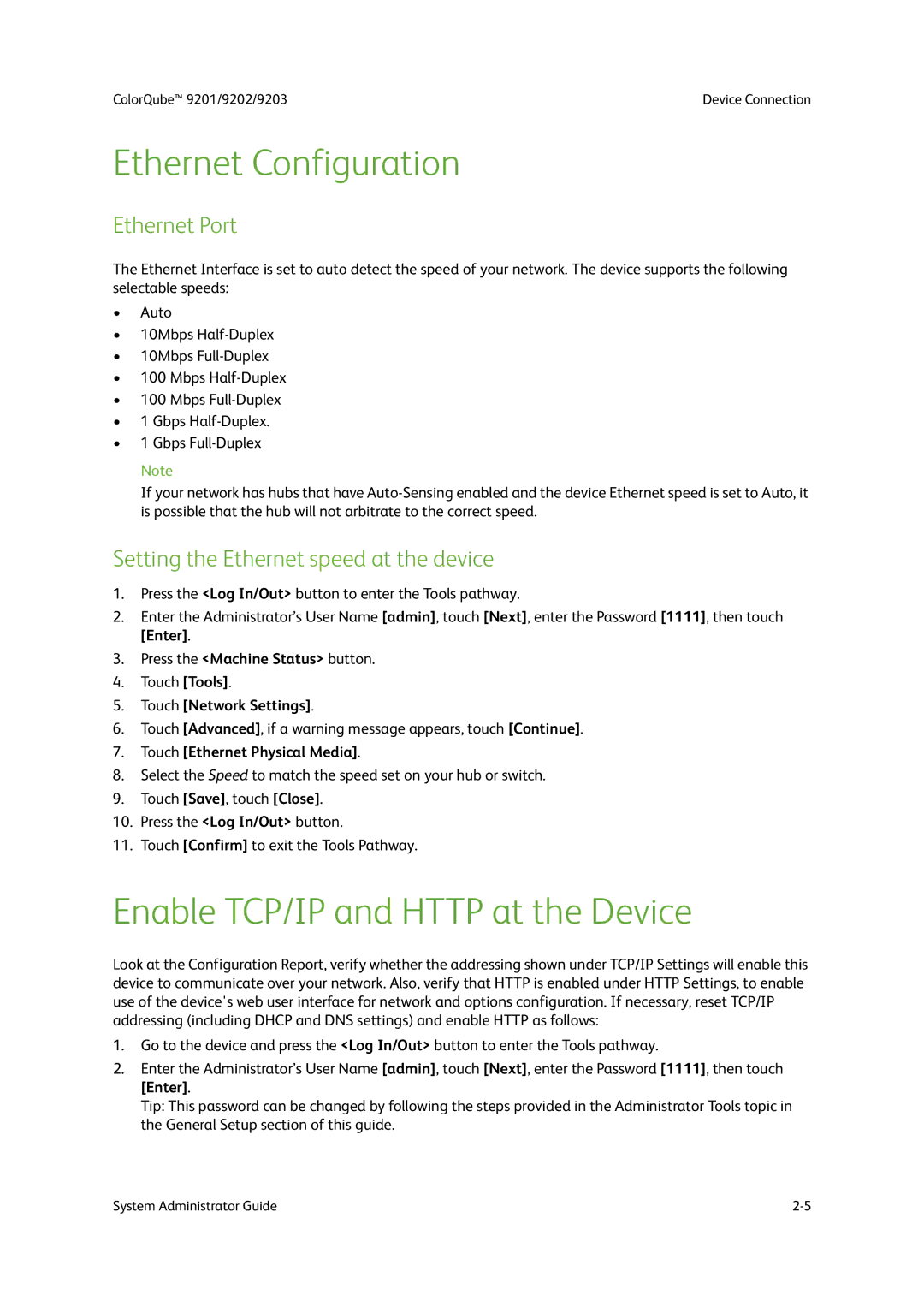 Xerox 9203, 9202, 9201 manual Ethernet Configuration, Enable TCP/IP and Http at the Device, Ethernet Port 