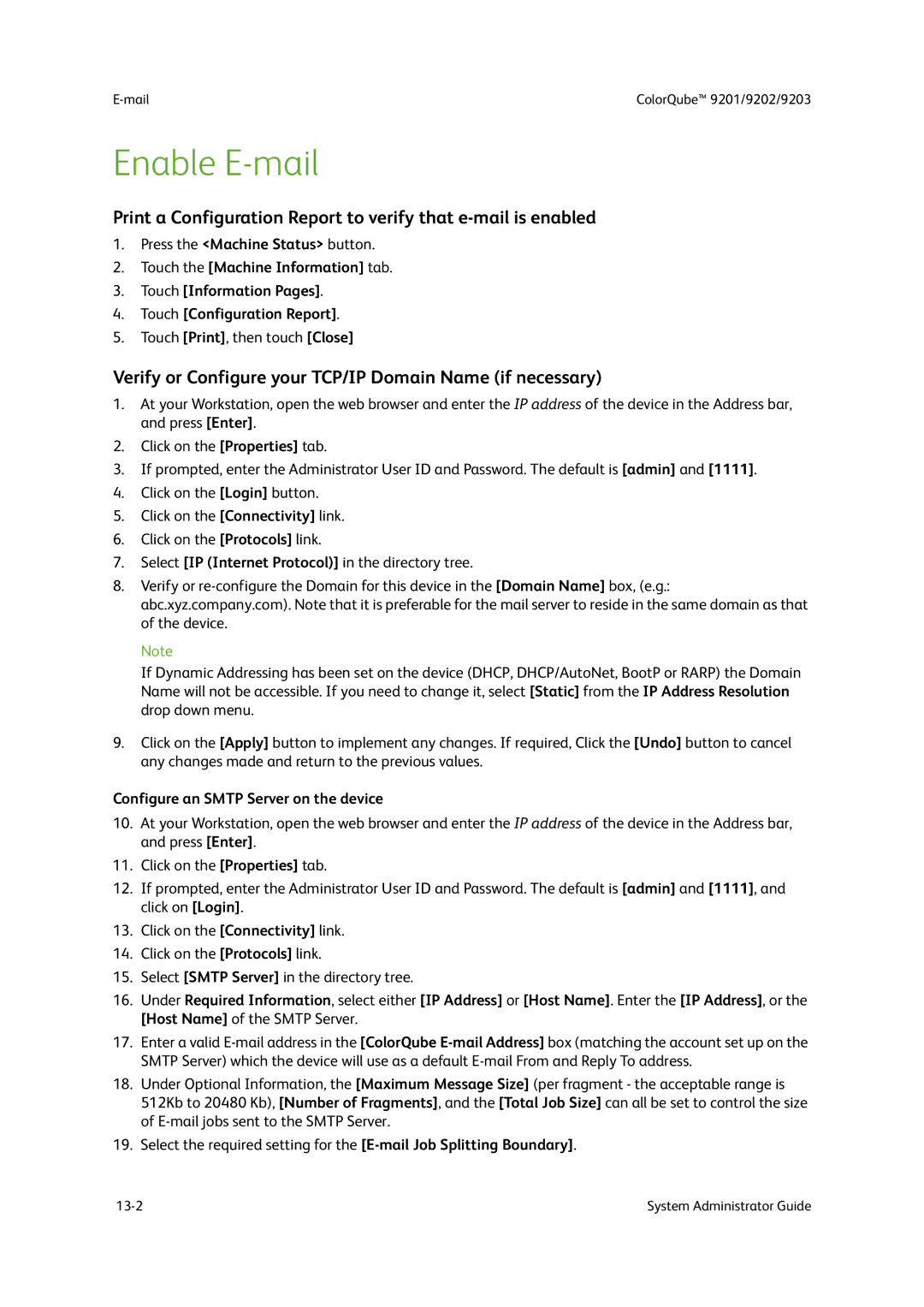 Xerox 9201 Enable E-mail, Verify or Configure your TCP/IP Domain Name if necessary, Configure an Smtp Server on the device 