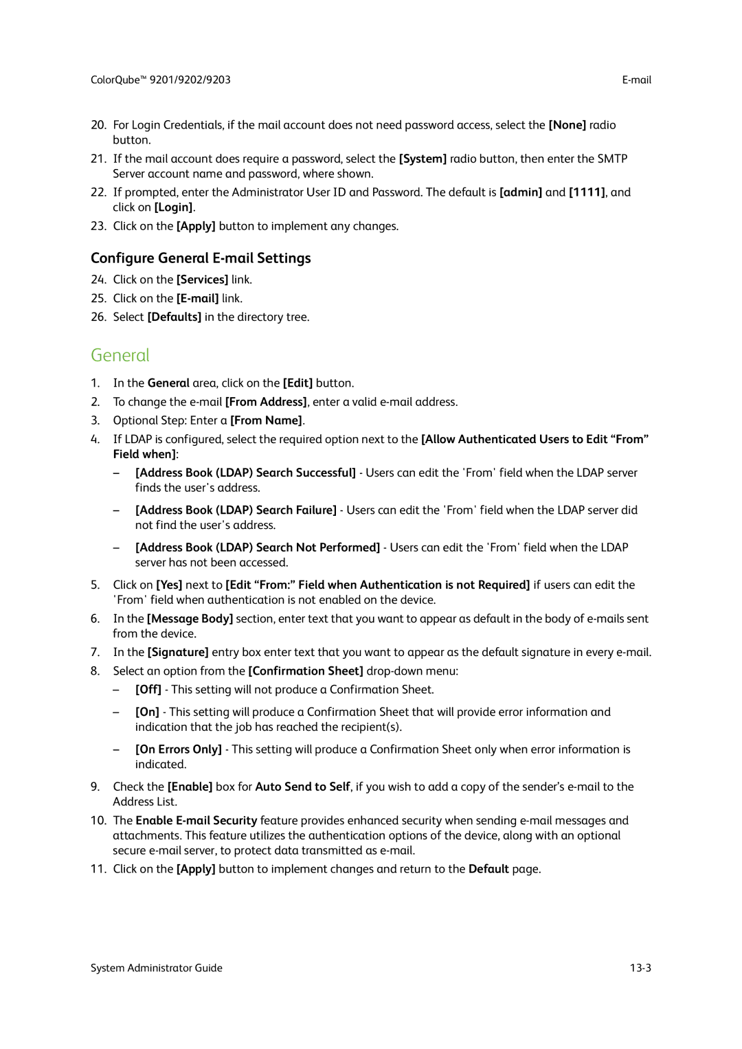 Xerox 9203, 9202, 9201 manual Configure General E-mail Settings 