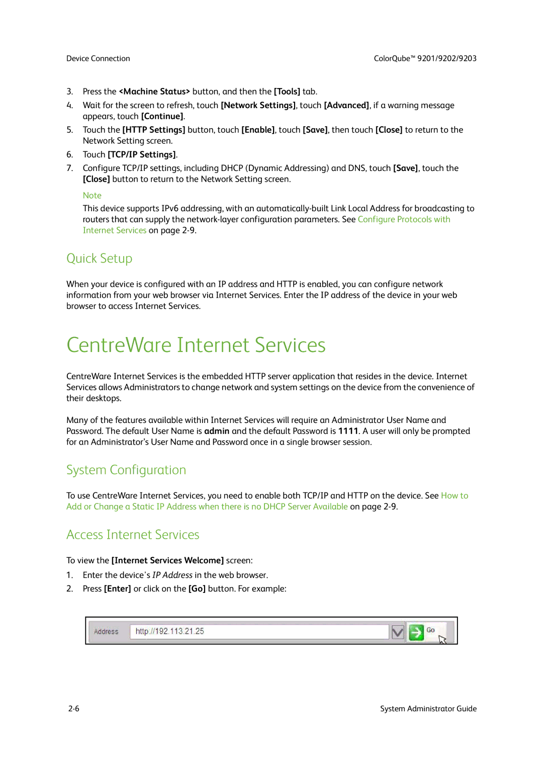 Xerox 9202, 9201, 9203 manual CentreWare Internet Services, Quick Setup, System Configuration, Access Internet Services 