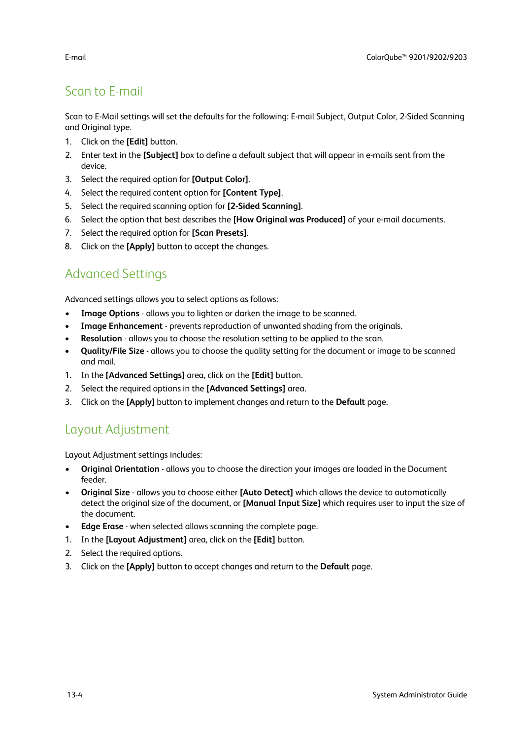 Xerox 9202, 9201, 9203 manual Scan to E-mail, Advanced Settings, Layout Adjustment 