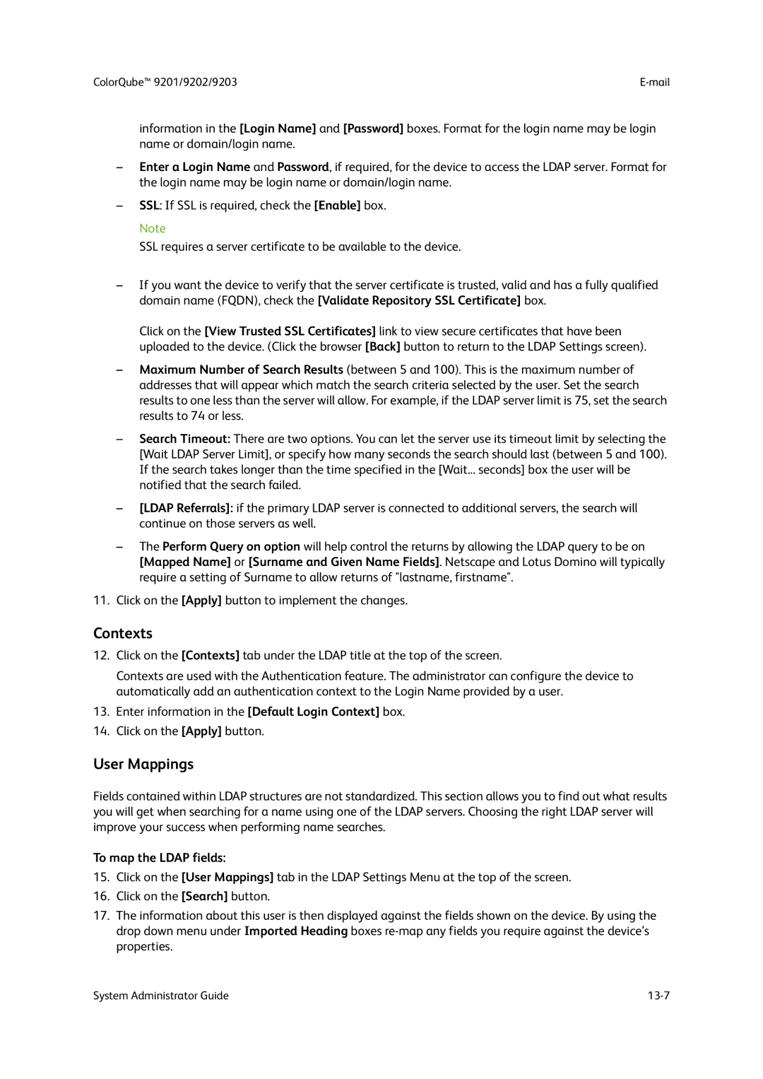 Xerox 9202, 9201, 9203 manual Contexts, User Mappings, To map the Ldap fields 