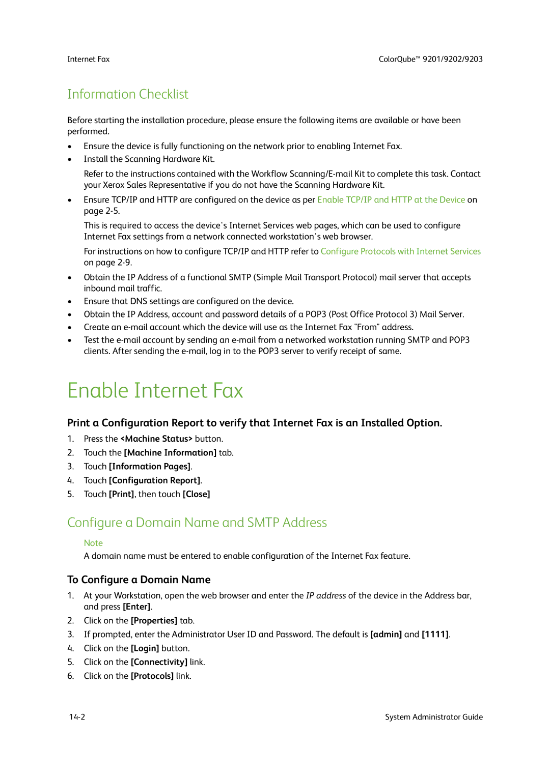 Xerox 9203, 9202, 9201 manual Enable Internet Fax, Configure a Domain Name and Smtp Address, To Configure a Domain Name 