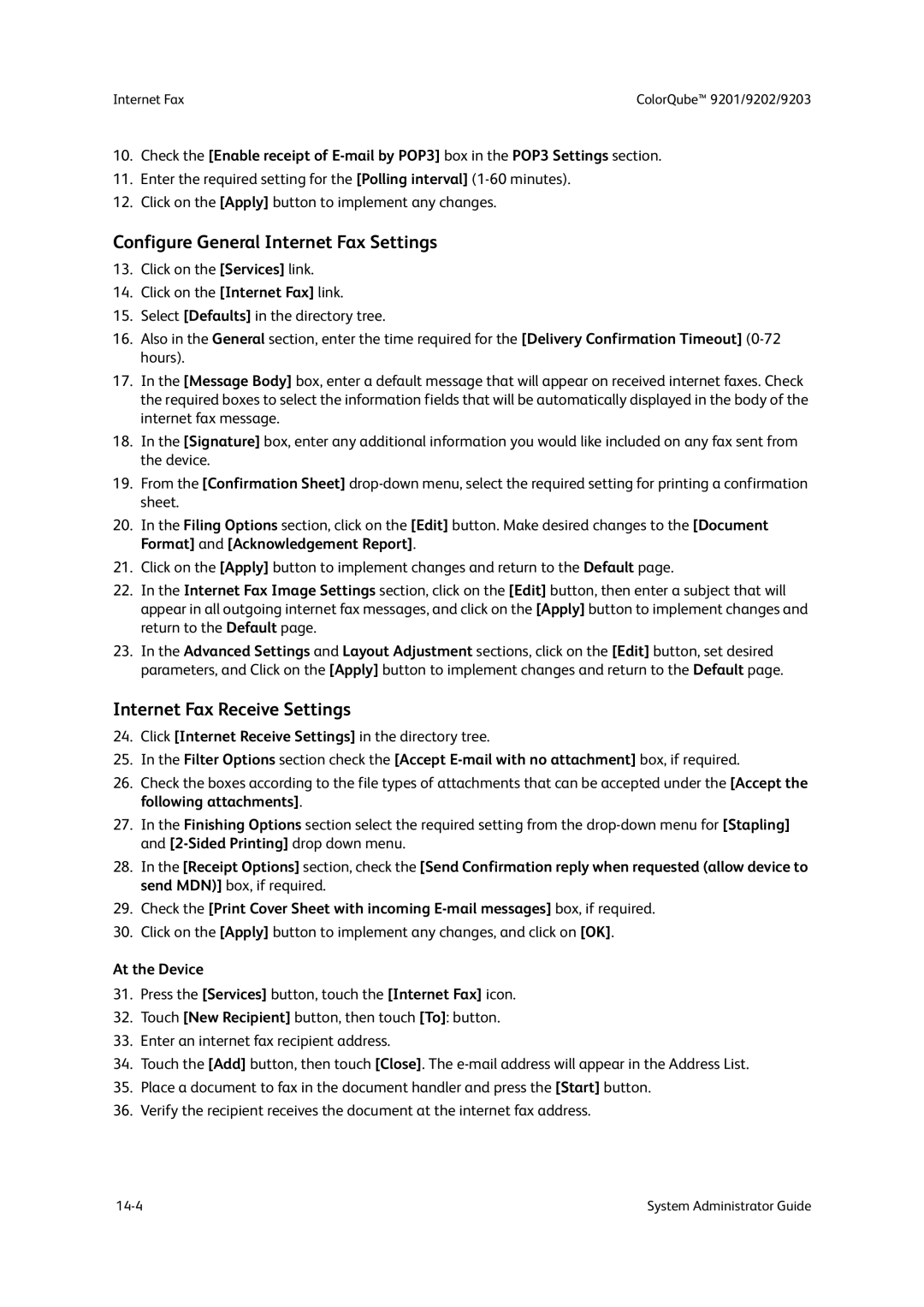 Xerox 9201, 9202, 9203 manual Configure General Internet Fax Settings, Internet Fax Receive Settings 