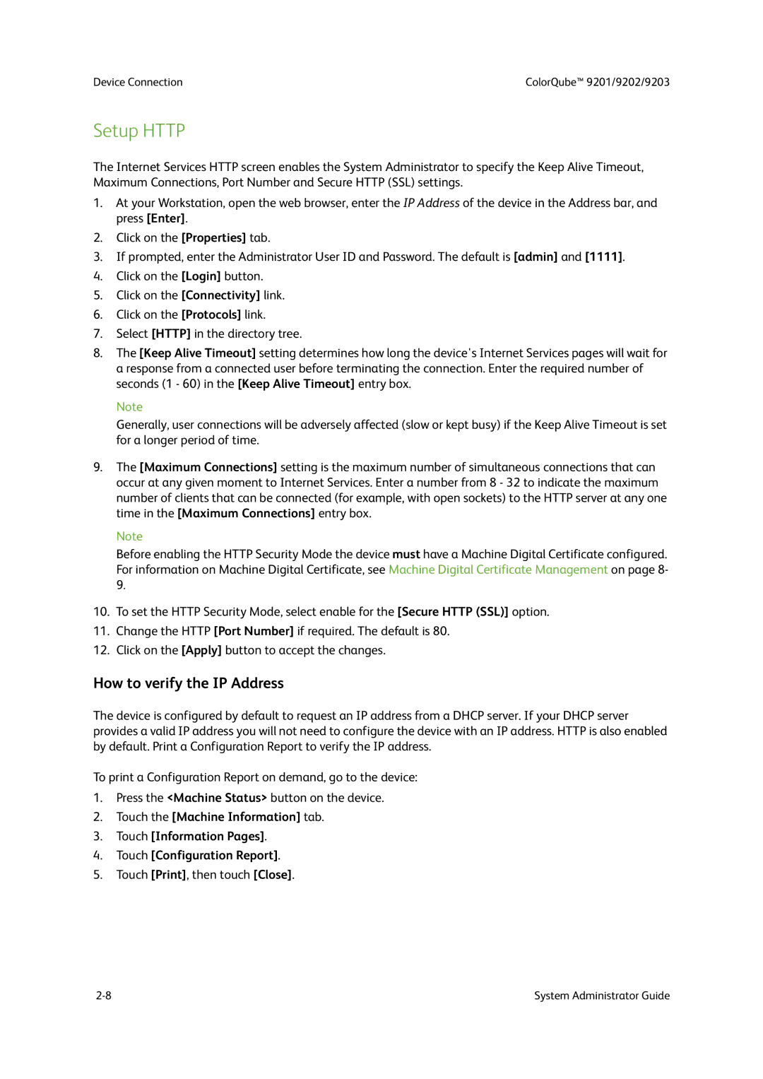 Xerox 9203, 9202, 9201 manual Setup Http, How to verify the IP Address 