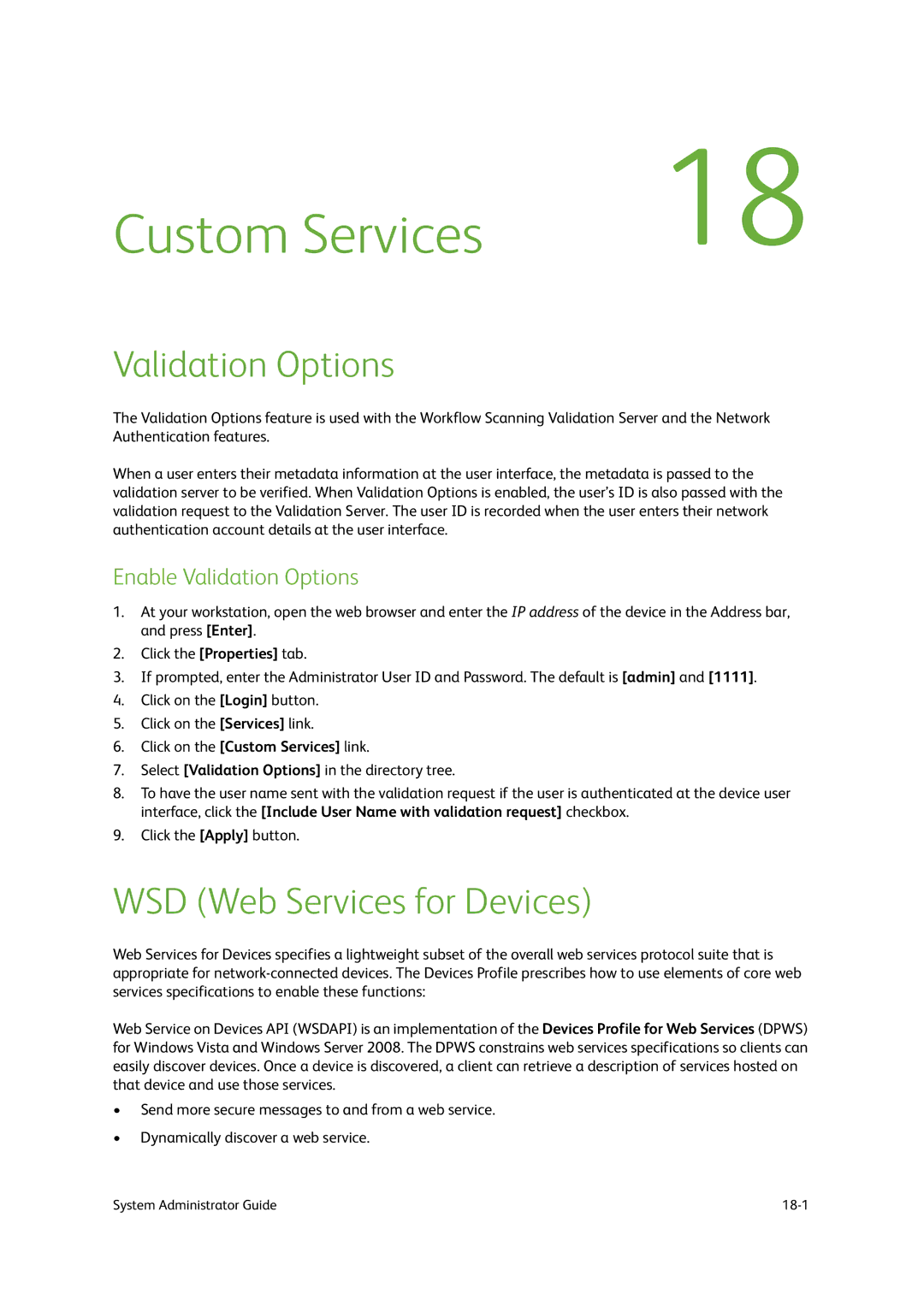 Xerox 9202, 9201, 9203 manual Custom Services, WSD Web Services for Devices, Enable Validation Options 