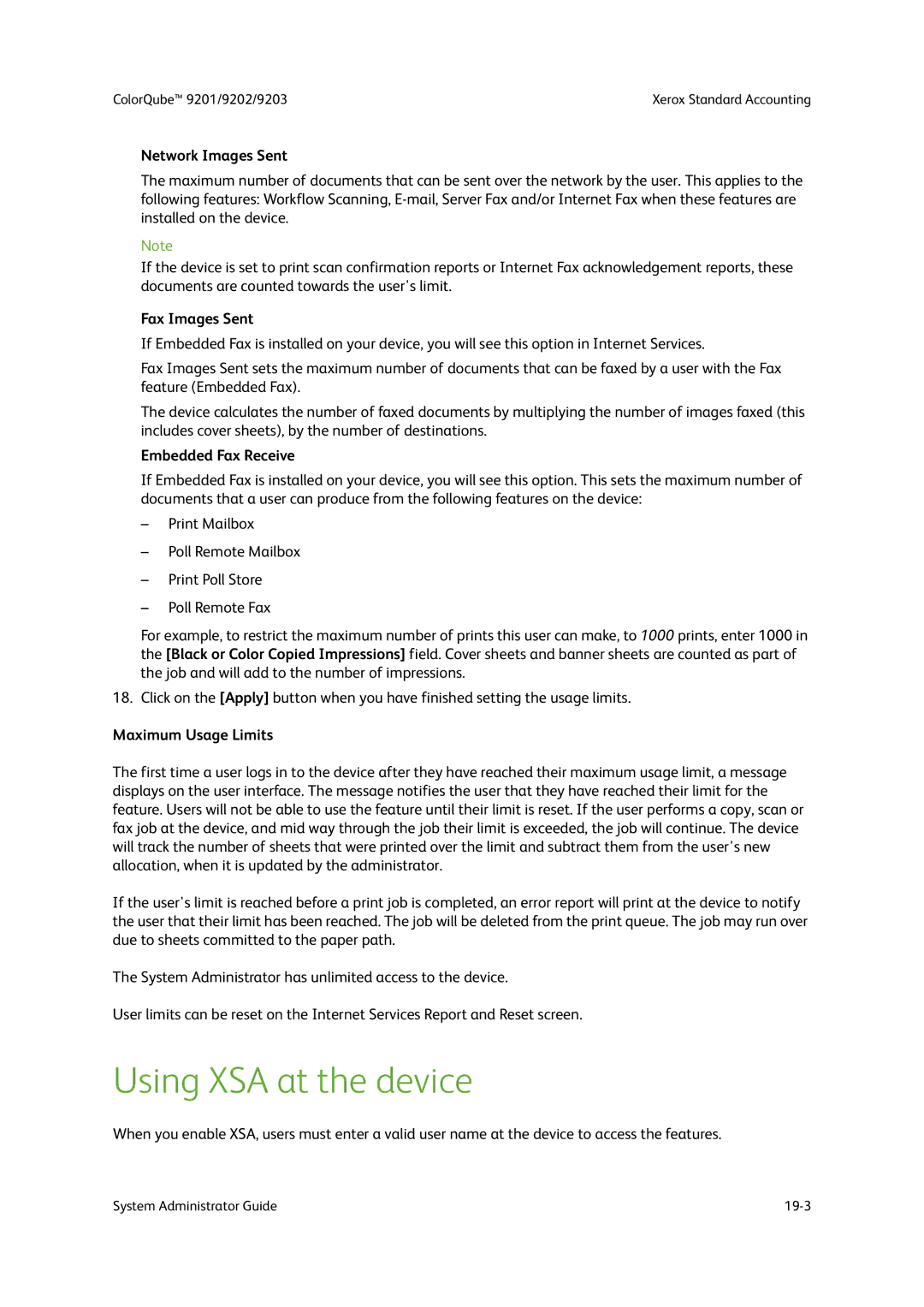 Xerox 9201, 9202 Using XSA at the device, Network Images Sent, Fax Images Sent, Embedded Fax Receive, Maximum Usage Limits 