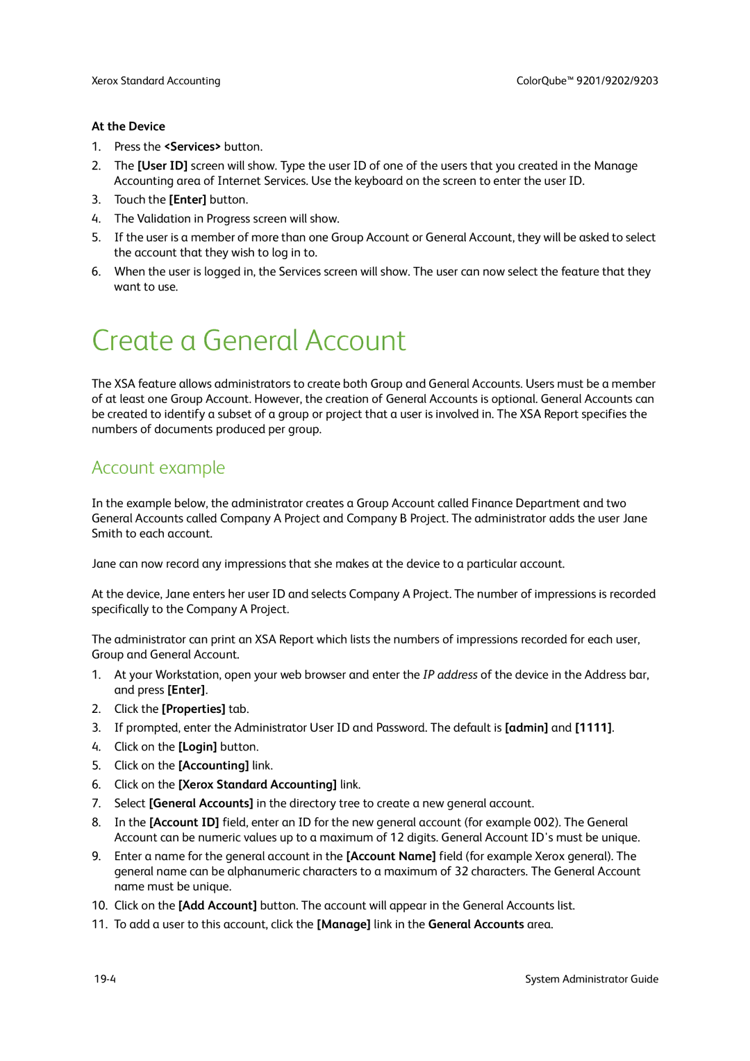 Xerox 9203, 9202, 9201 manual Create a General Account, Account example 