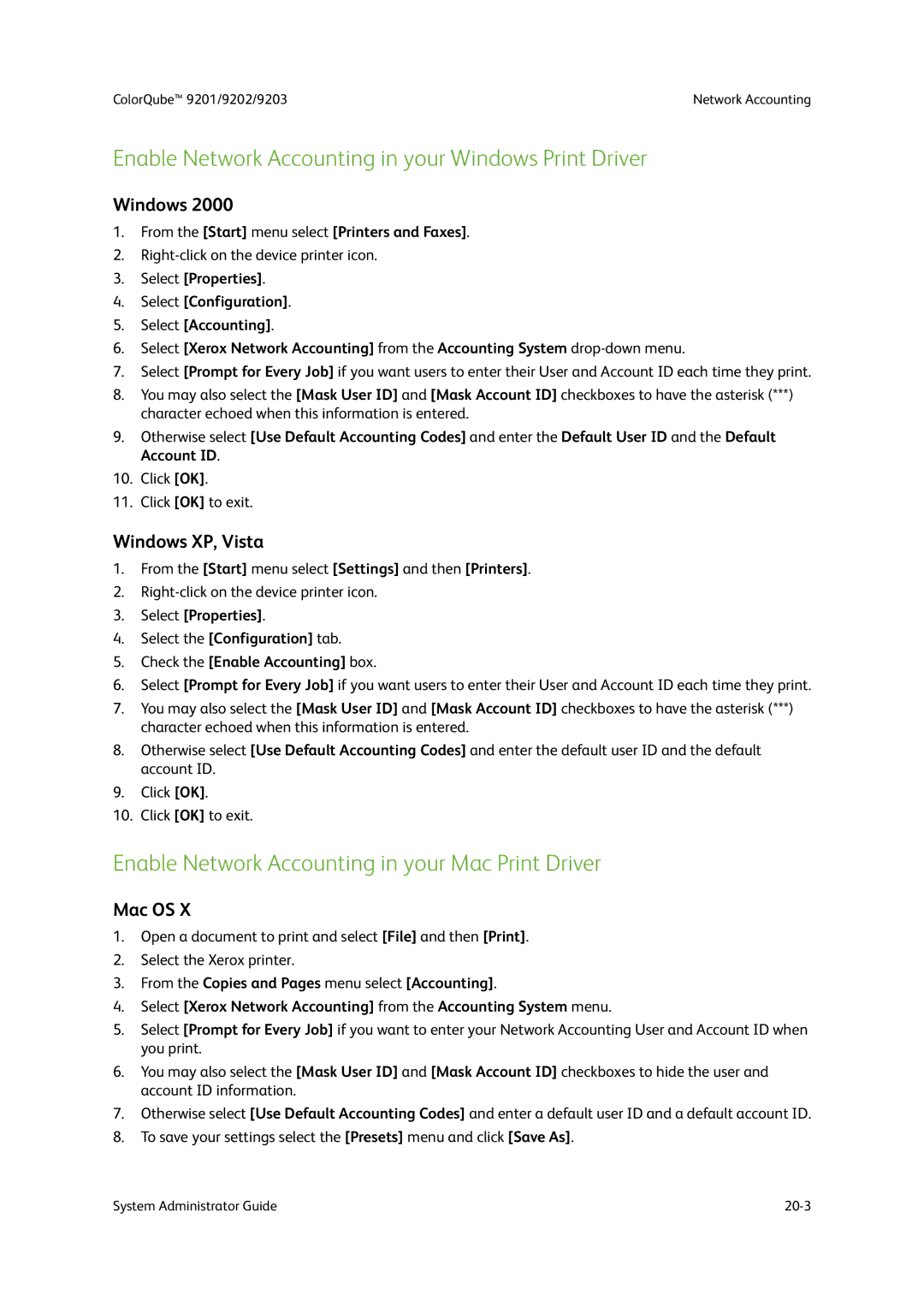 Xerox 9202 Enable Network Accounting in your Windows Print Driver, Enable Network Accounting in your Mac Print Driver 