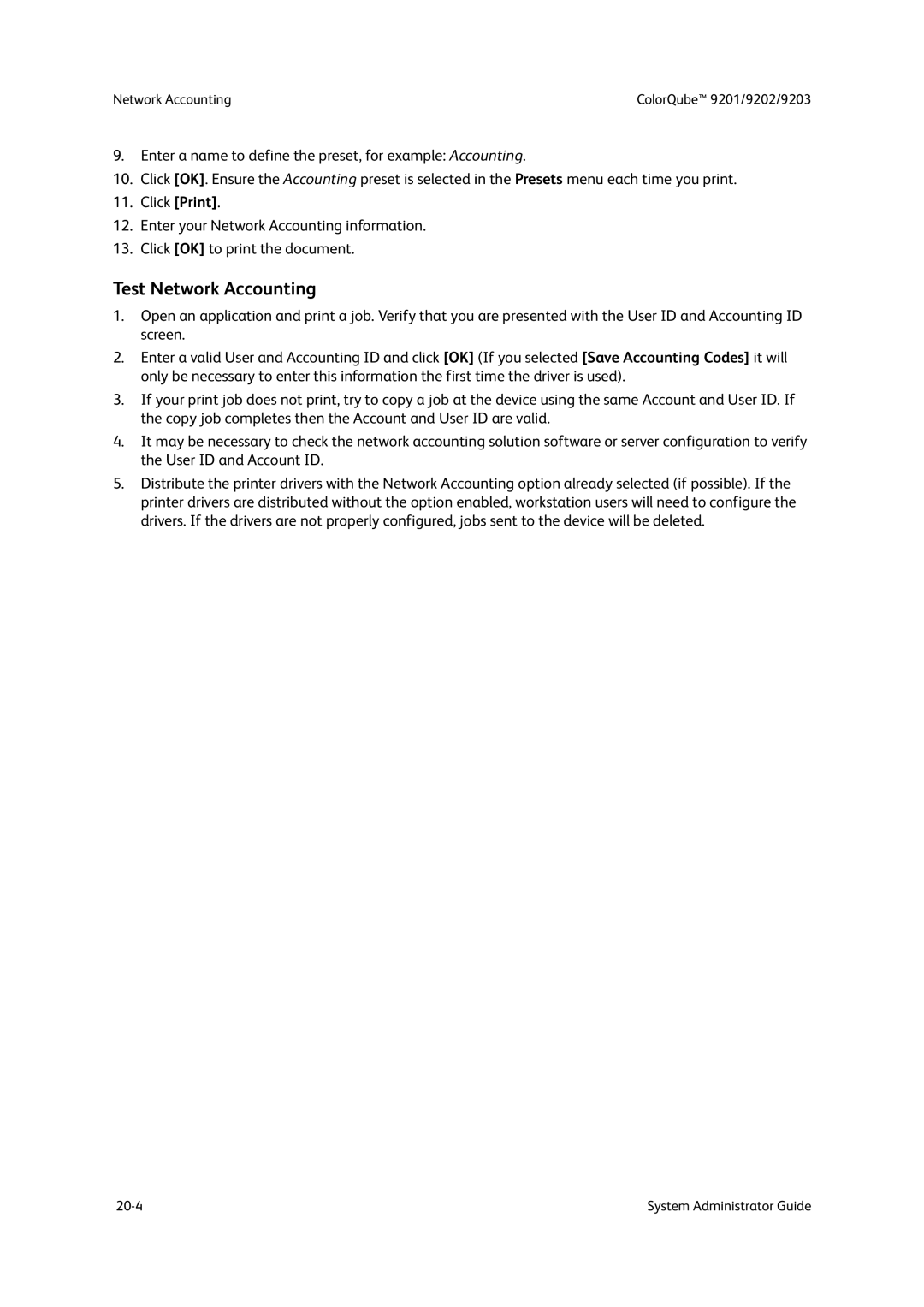 Xerox 9201, 9202, 9203 manual Test Network Accounting 