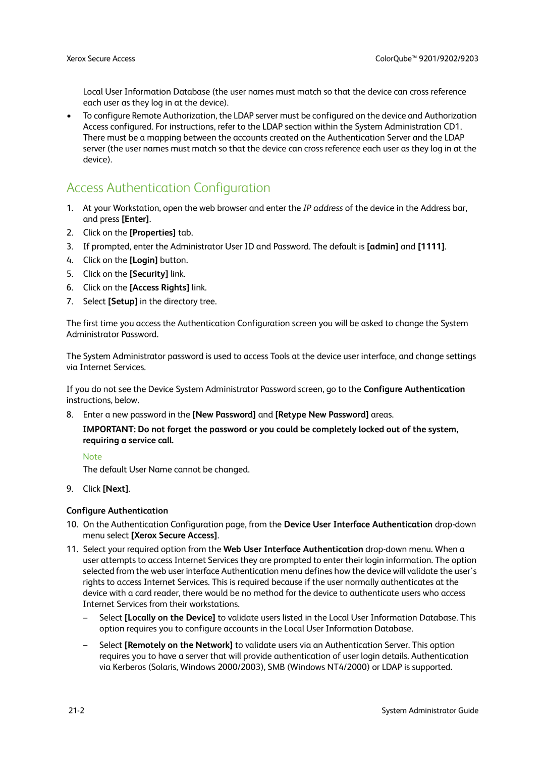 Xerox 9202, 9201, 9203 manual Access Authentication Configuration, Configure Authentication 