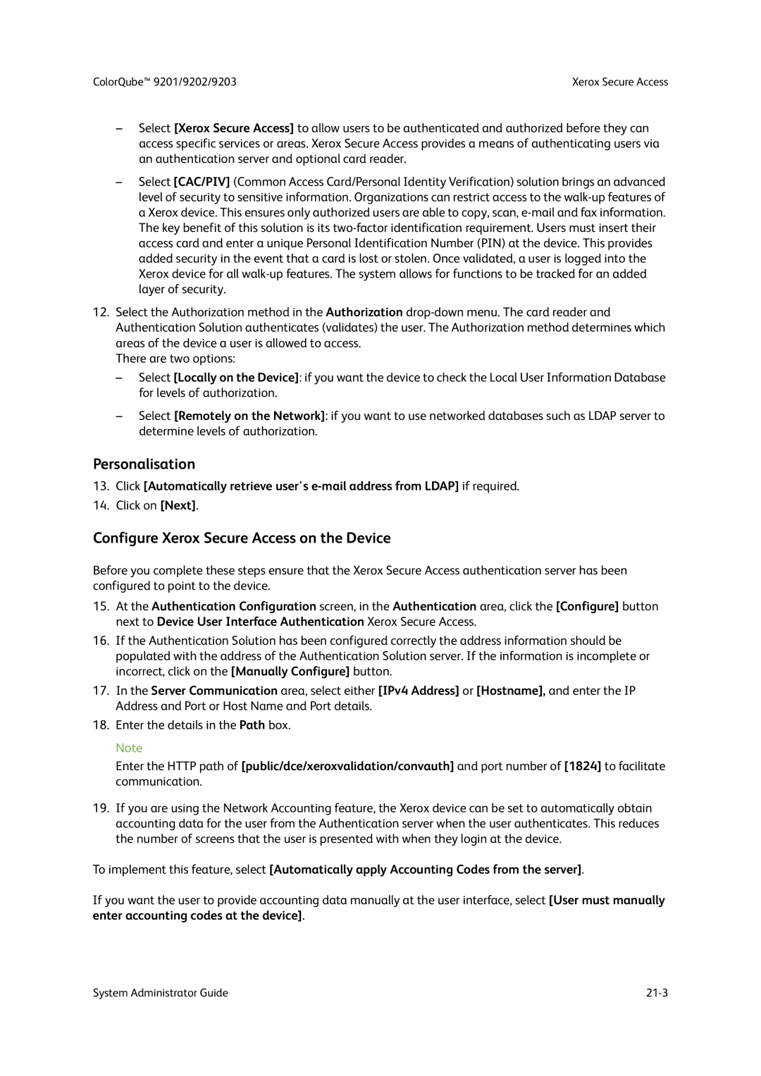 Xerox 9201, 9202, 9203 manual Personalisation, Configure Xerox Secure Access on the Device 