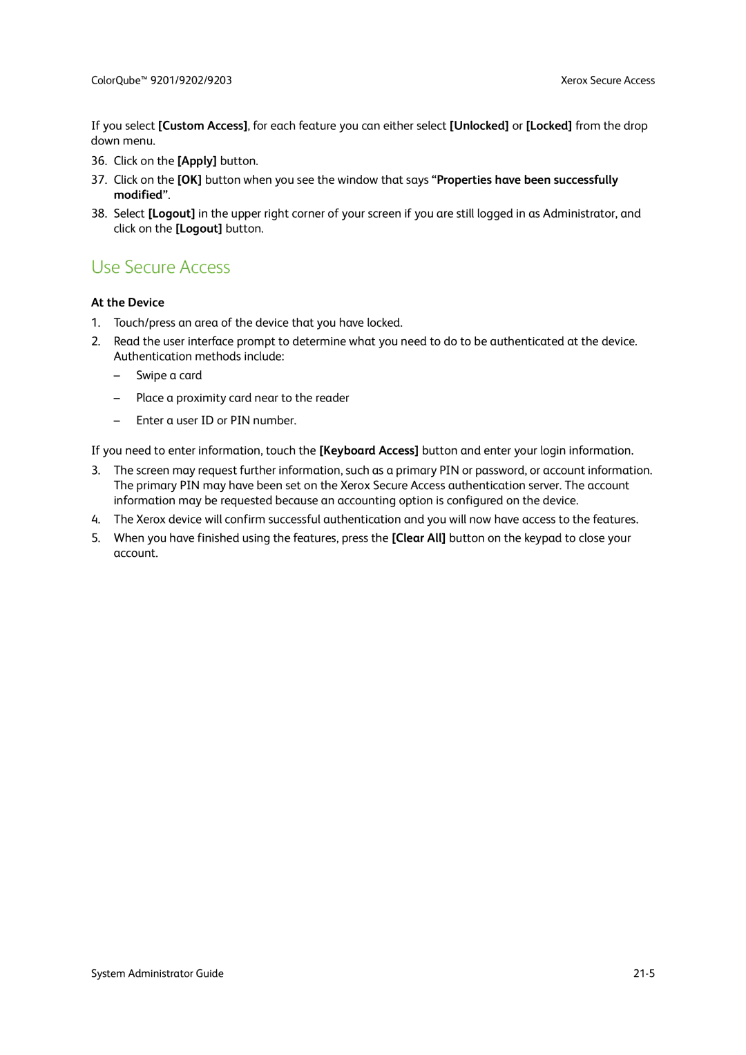 Xerox 9202, 9201, 9203 manual Use Secure Access, At the Device 