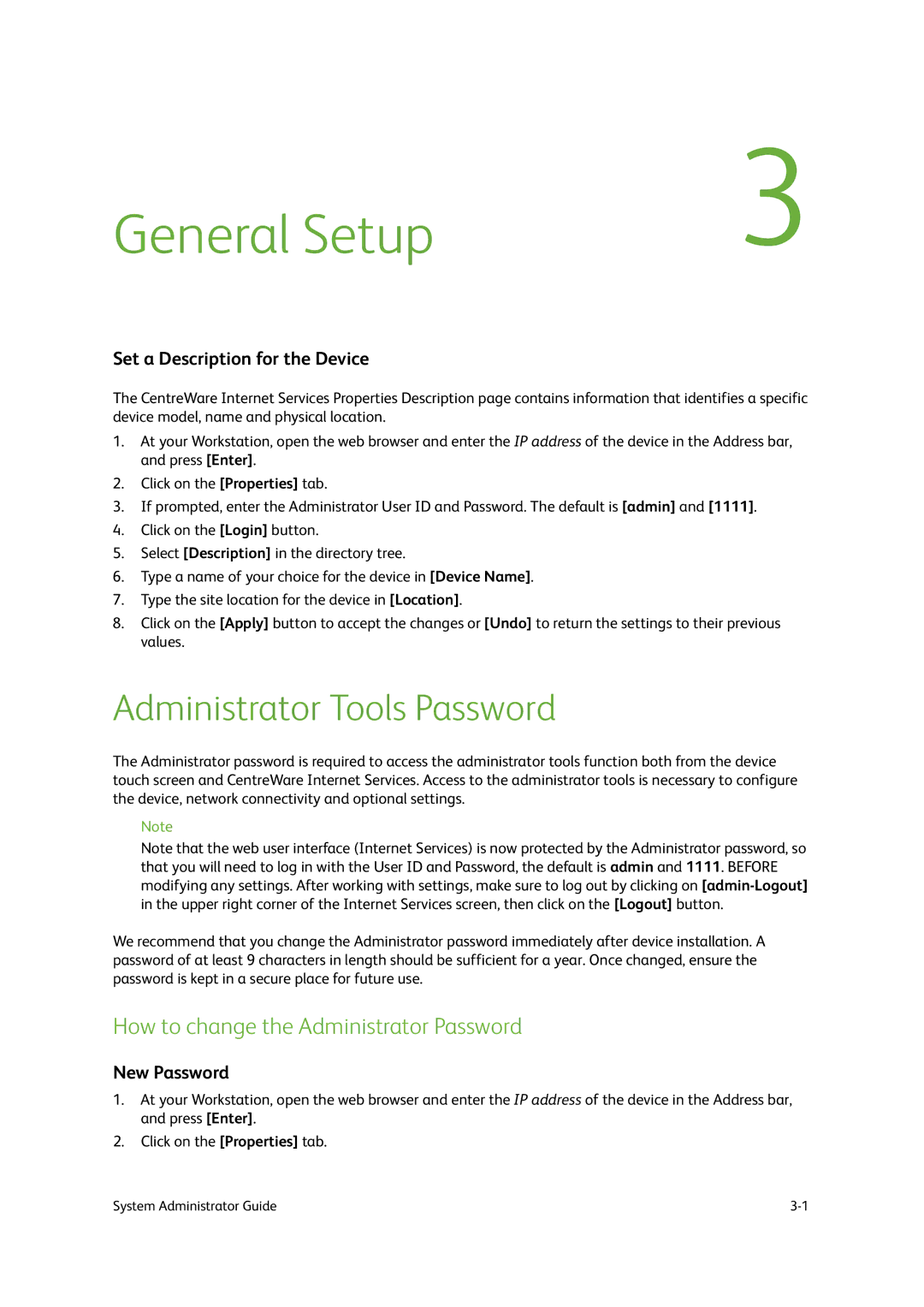 Xerox 9203, 9202, 9201 General Setup, Administrator Tools Password, How to change the Administrator Password, New Password 