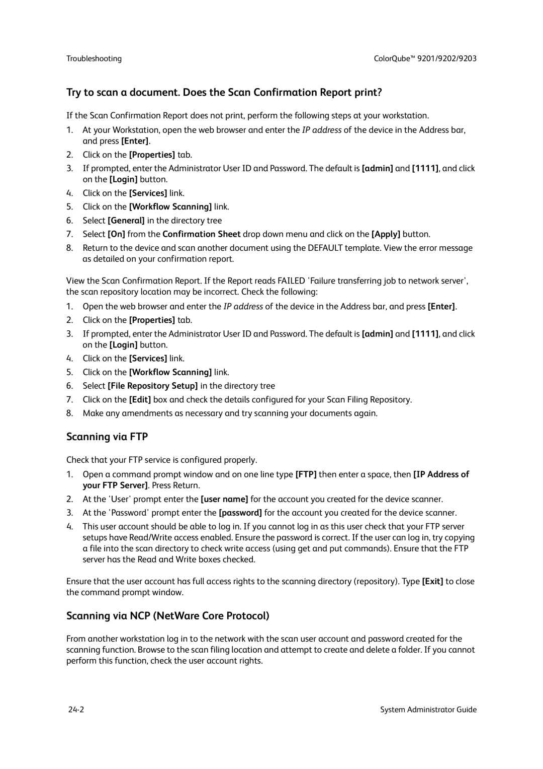 Xerox 9202, 9201, 9203 manual Scanning via FTP, Scanning via NCP NetWare Core Protocol 