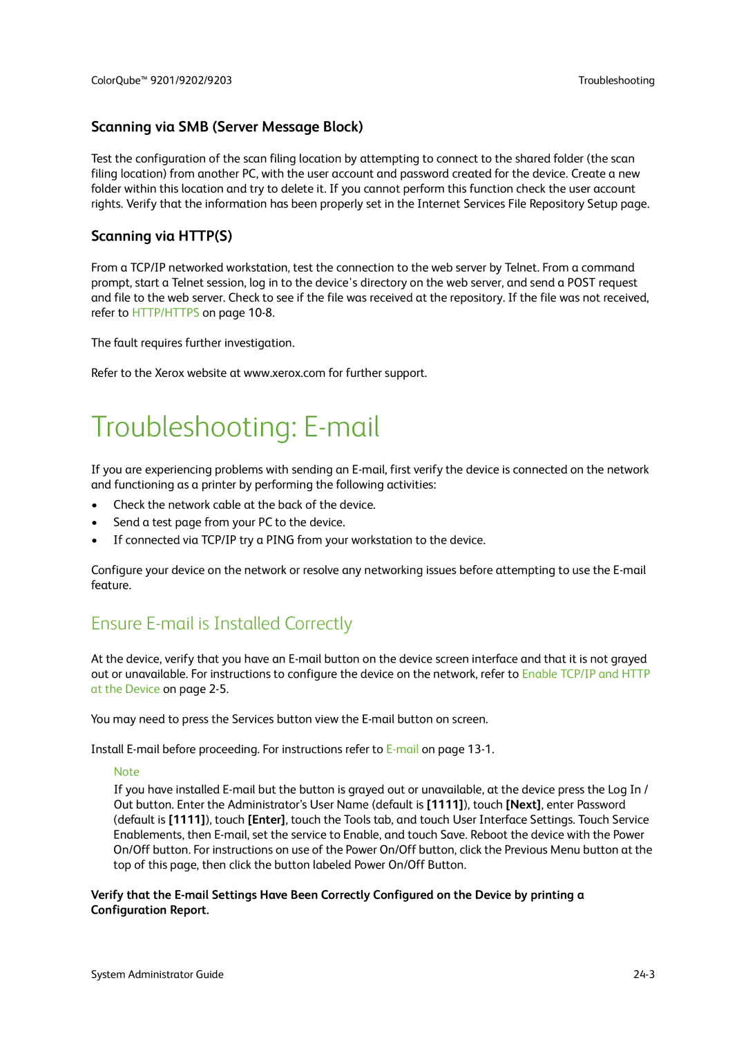 Xerox 9201, 9202, 9203 Troubleshooting E-mail, Ensure E-mail is Installed Correctly, Scanning via SMB Server Message Block 