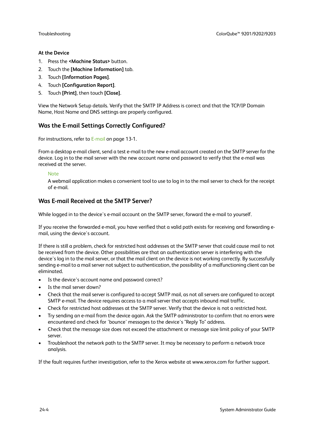Xerox 9203, 9202, 9201 manual Was the E-mail Settings Correctly Configured?, Was E-mail Received at the Smtp Server? 