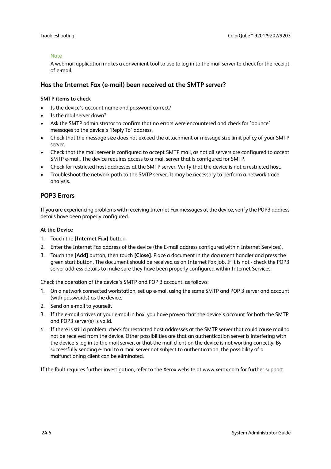 Xerox 9201, 9202, 9203 manual POP3 Errors, Smtp items to check 