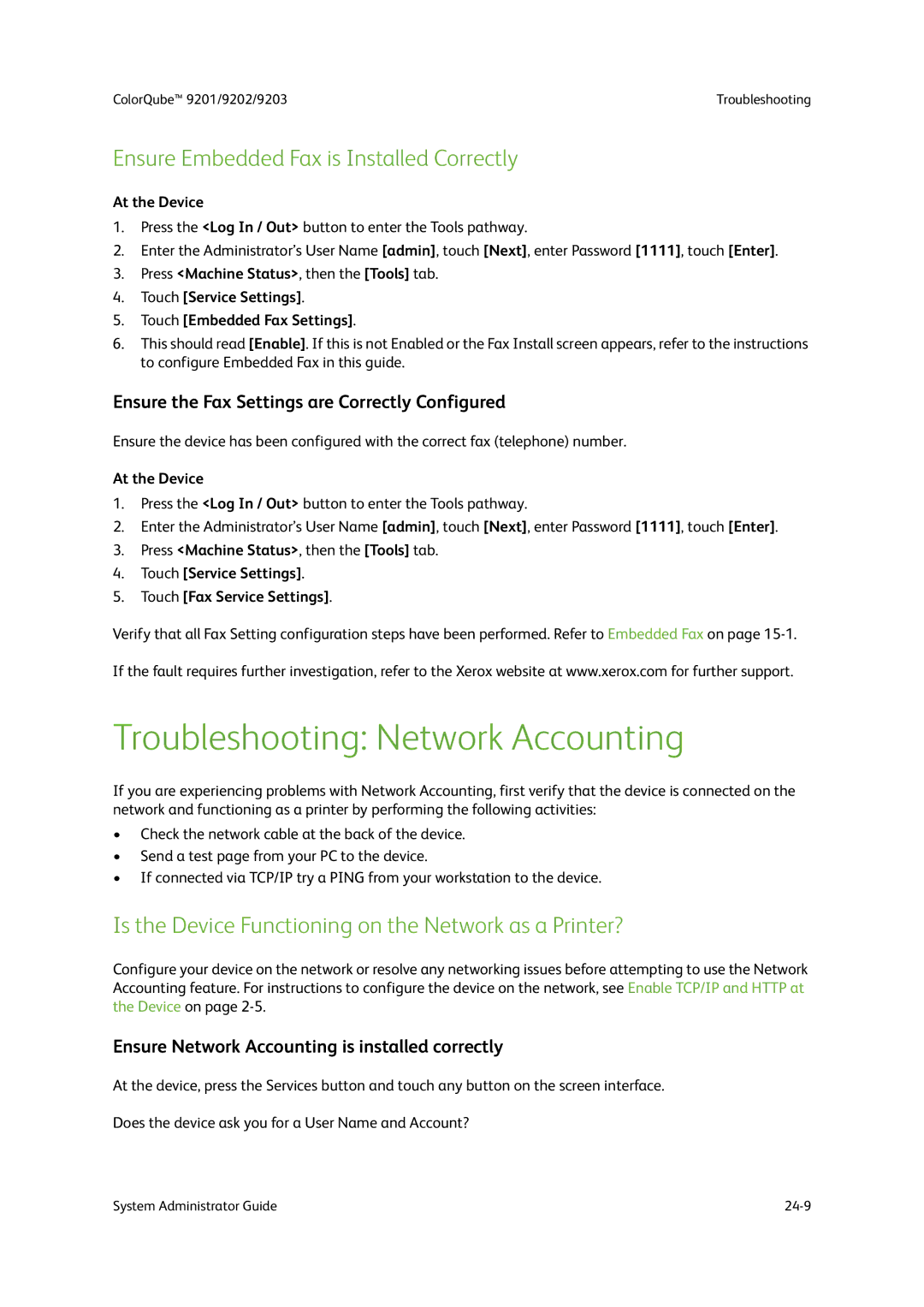 Xerox 9201, 9202, 9203 manual Troubleshooting Network Accounting, Ensure Embedded Fax is Installed Correctly 