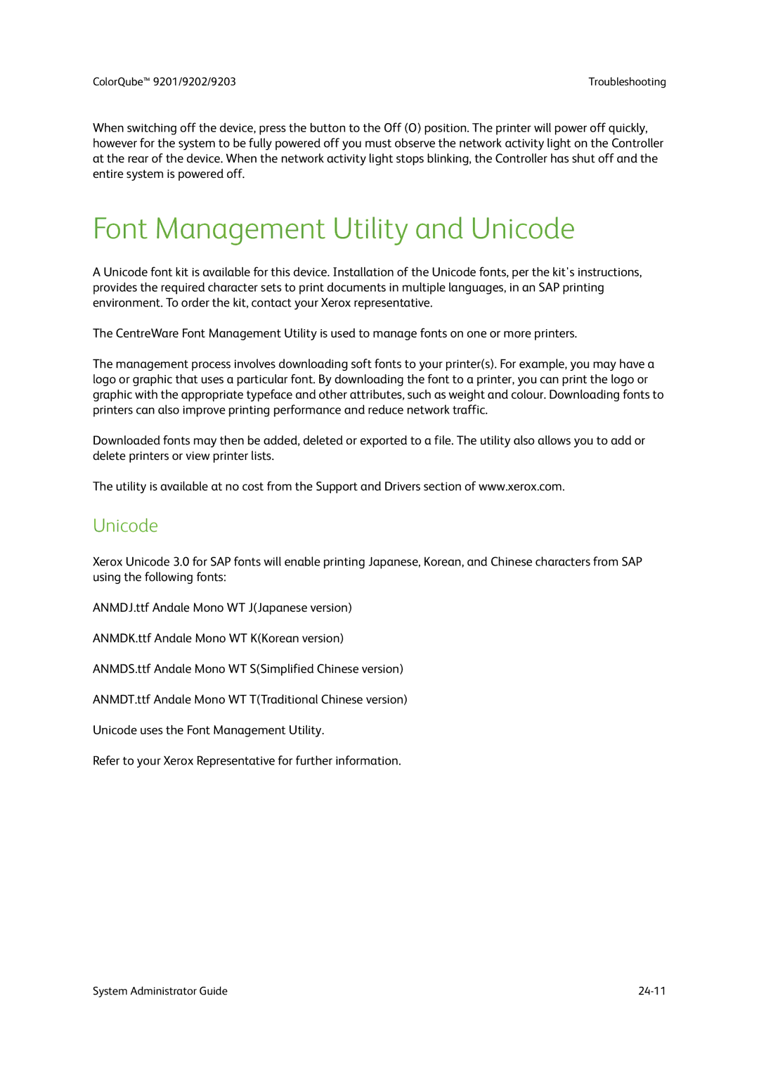 Xerox 9202, 9201, 9203 manual Font Management Utility and Unicode 