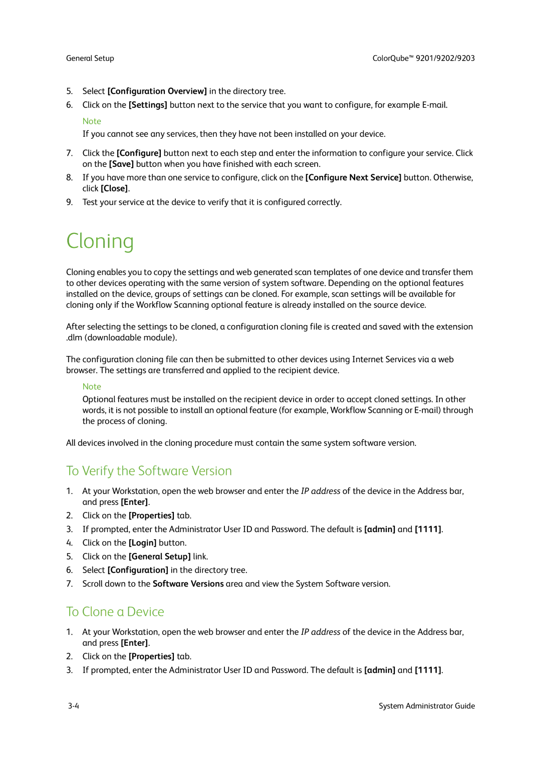 Xerox 9203, 9202, 9201 manual Cloning, To Verify the Software Version, To Clone a Device 