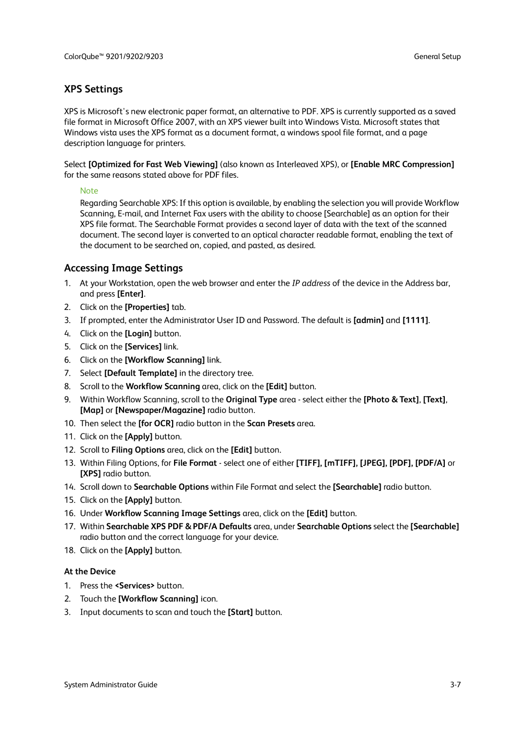 Xerox 9203 XPS Settings, Accessing Image Settings, Click on the Workflow Scanning link, Touch the Workflow Scanning icon 