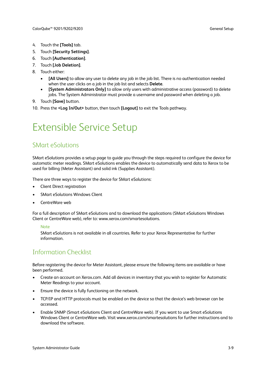 Xerox 9201, 9202, 9203 manual Extensible Service Setup, SMart eSolutions, Information Checklist 