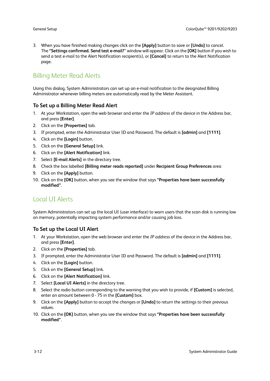 Xerox 9201 Billing Meter Read Alerts, Local UI Alerts, To Set up a Billing Meter Read Alert, To Set up the Local UI Alert 