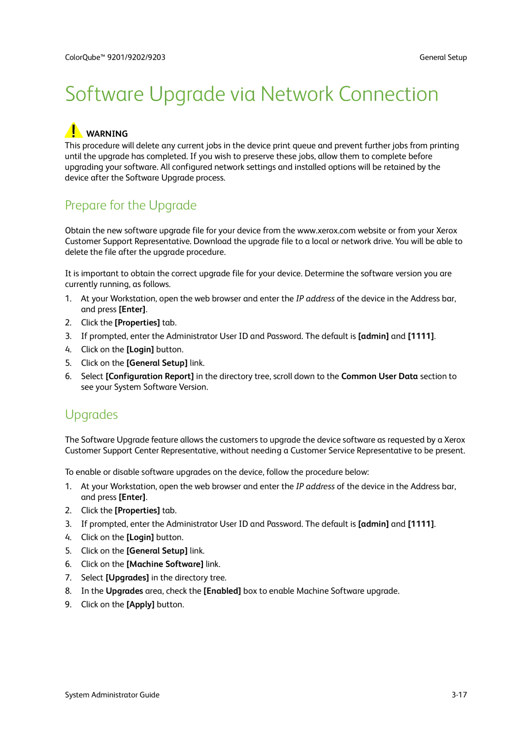 Xerox 9202 Software Upgrade via Network Connection, Prepare for the Upgrade, Upgrades, Click on the Machine Software link 