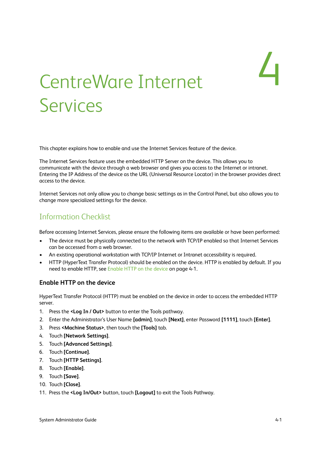 Xerox 9201, 9202, 9203 manual CentreWare Internet Services, Enable Http on the device 