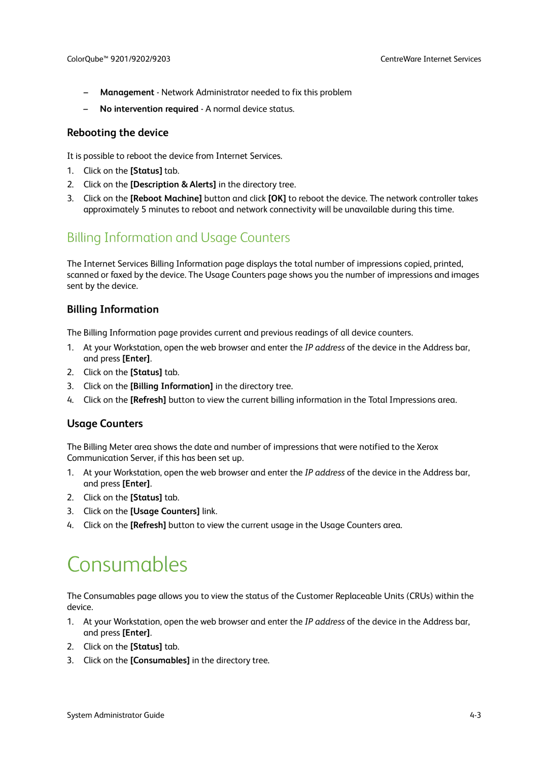 Xerox 9202, 9201, 9203 manual Consumables, Rebooting the device, Billing Information, Usage Counters 