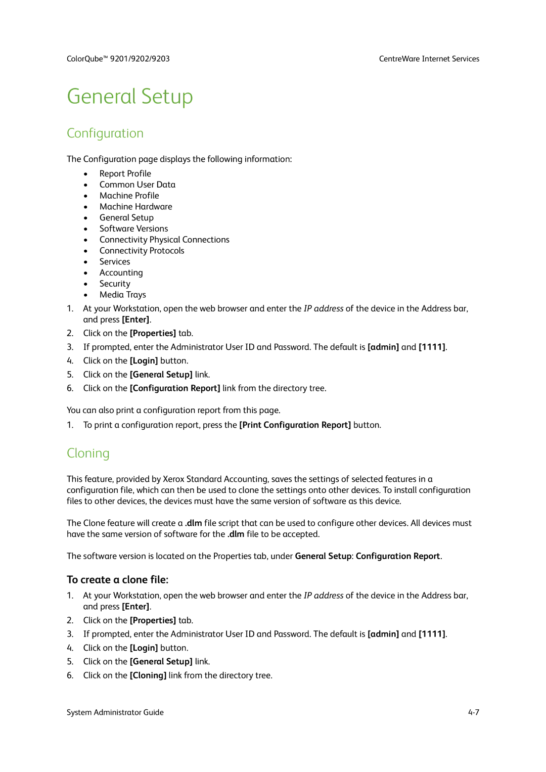 Xerox 9201, 9202, 9203 manual General Setup, Configuration, Cloning, To create a clone file 