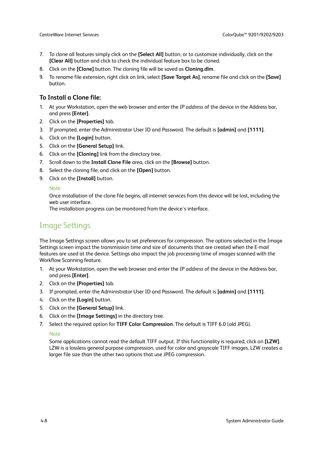 Xerox 9203, 9202, 9201 manual Image Settings, To Install a Clone file 