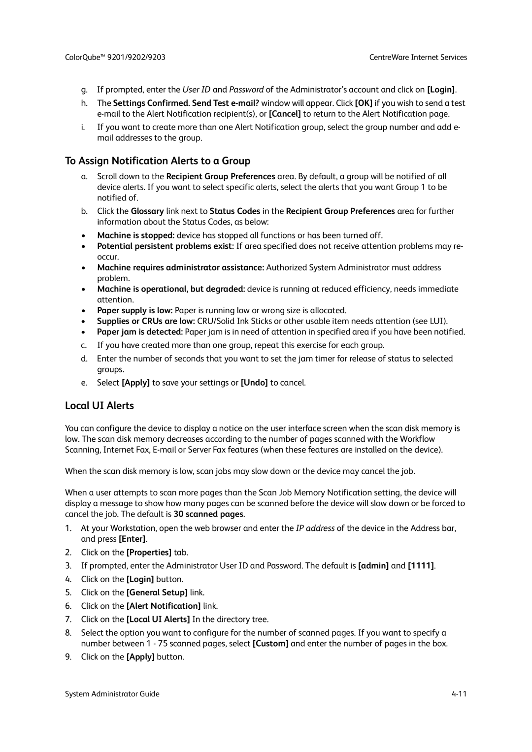 Xerox 9203, 9202, 9201 manual To Assign Notification Alerts to a Group, Local UI Alerts 