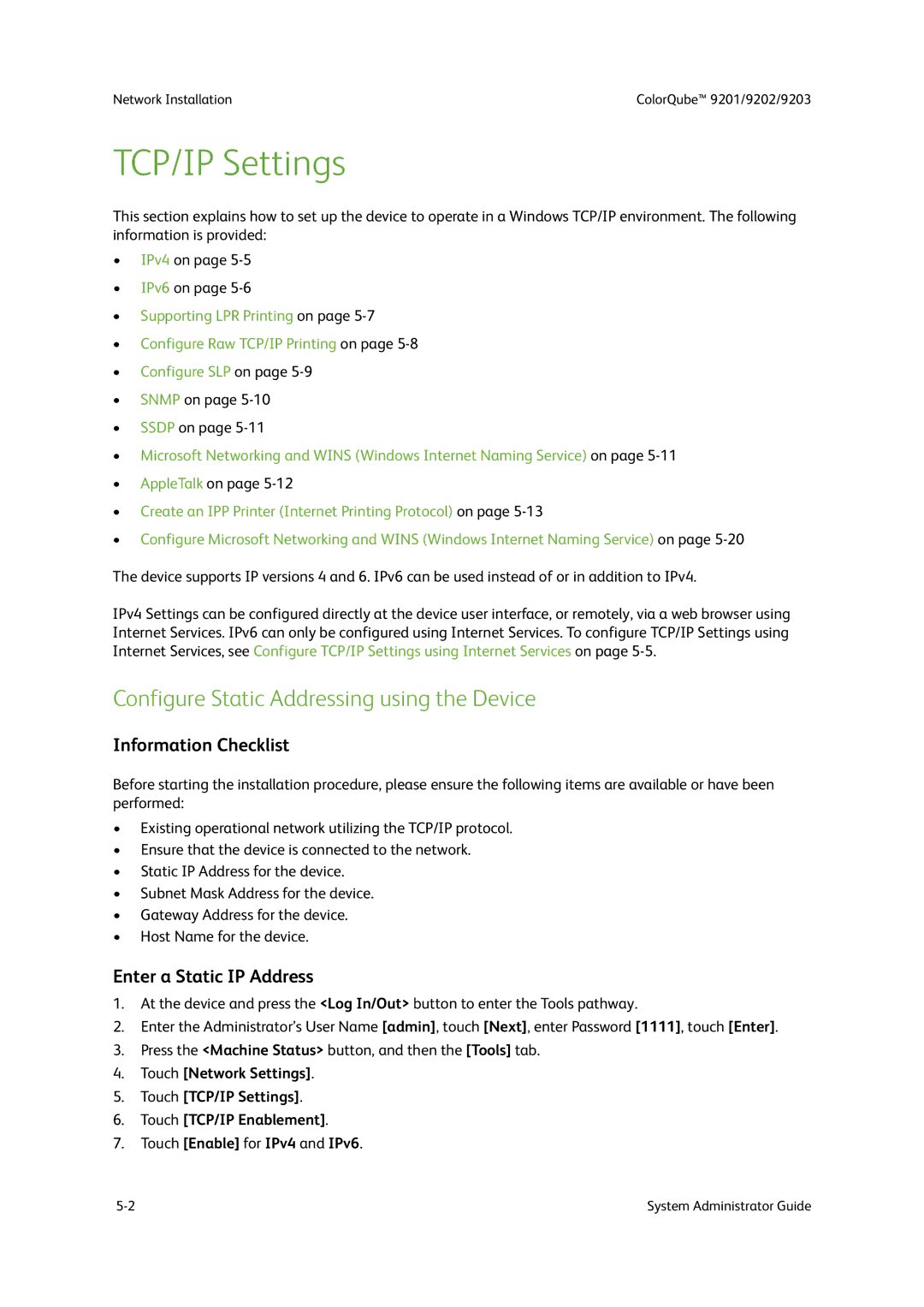 Xerox 9203 TCP/IP Settings, Configure Static Addressing using the Device, Information Checklist, Enter a Static IP Address 