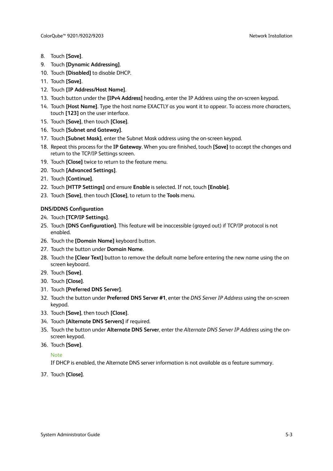 Xerox 9202, 9201, 9203 manual Touch Advanced Settings Touch Continue, DNS/DDNS Configuration Touch TCP/IP Settings 