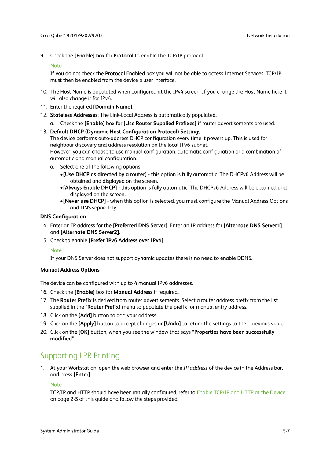 Xerox 9201 Supporting LPR Printing, Default Dhcp Dynamic Host Configuration Protocol Settings, Manual Address Options 