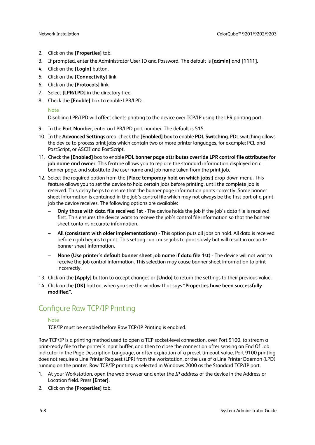 Xerox 9203, 9202, 9201 manual Configure Raw TCP/IP Printing 