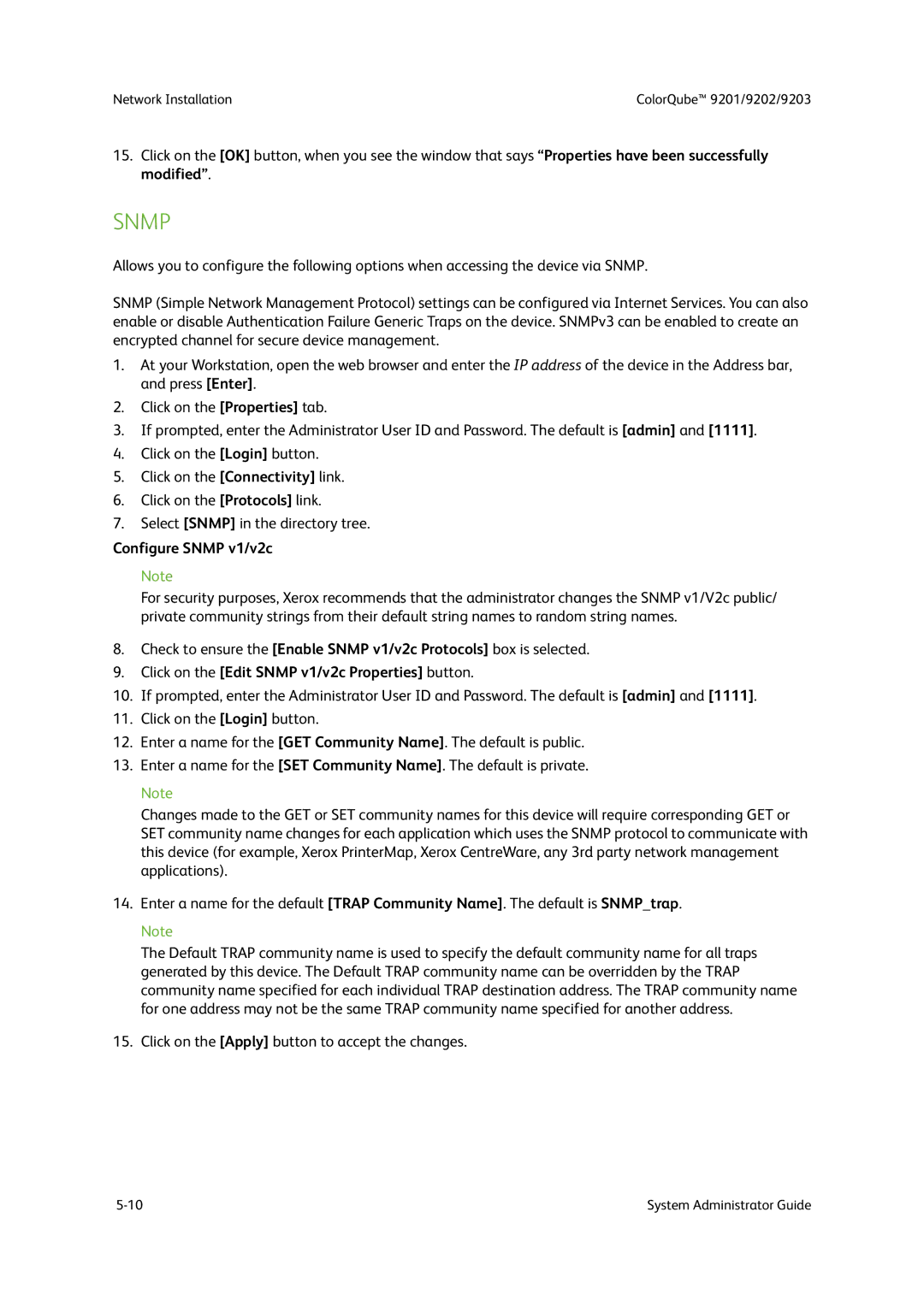 Xerox 9201, 9202, 9203 manual Configure Snmp v1/v2c, Click on the Edit Snmp v1/v2c Properties button 