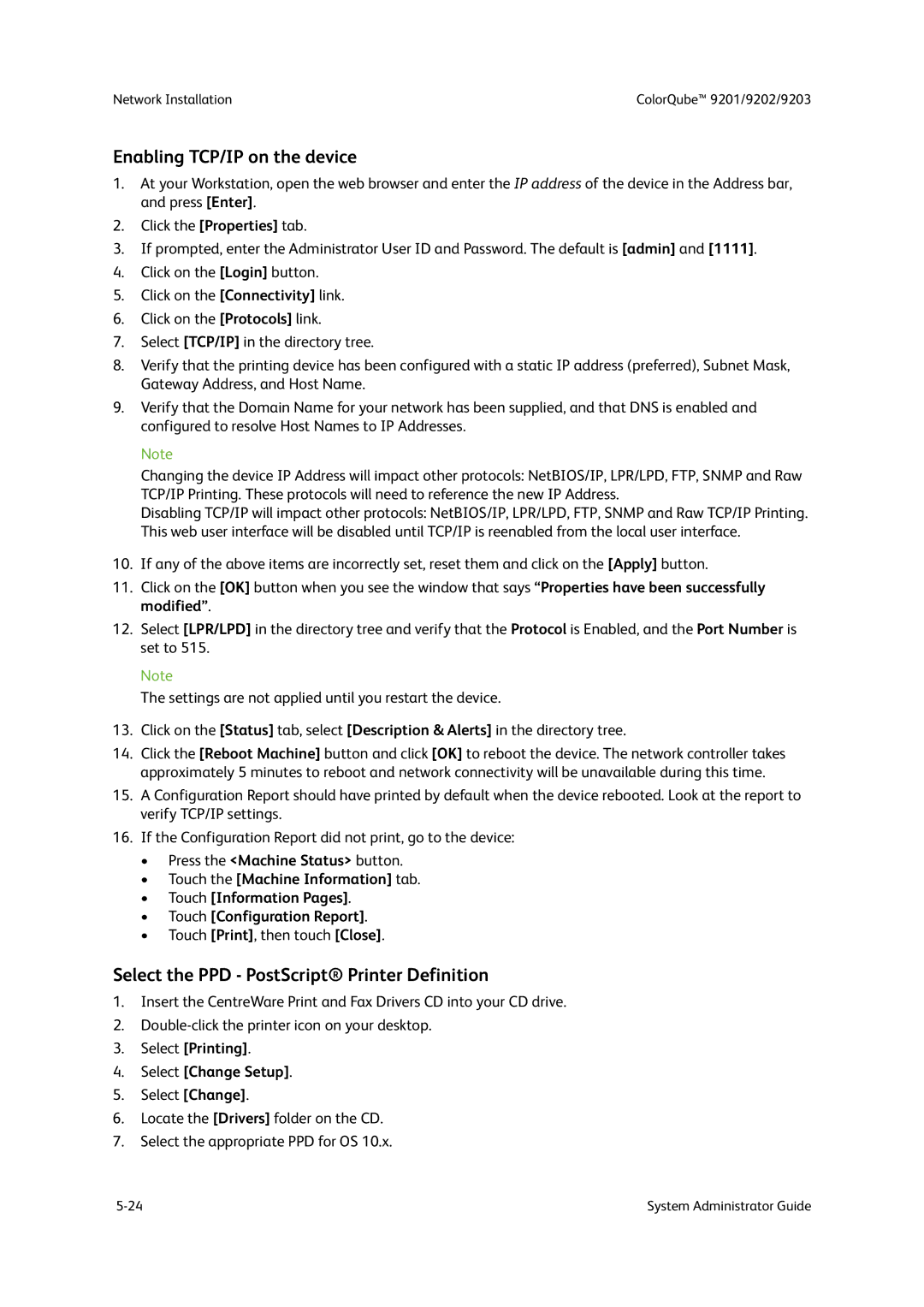 Xerox 9202, 9201, 9203 manual Enabling TCP/IP on the device, Select the PPD PostScript Printer Definition 