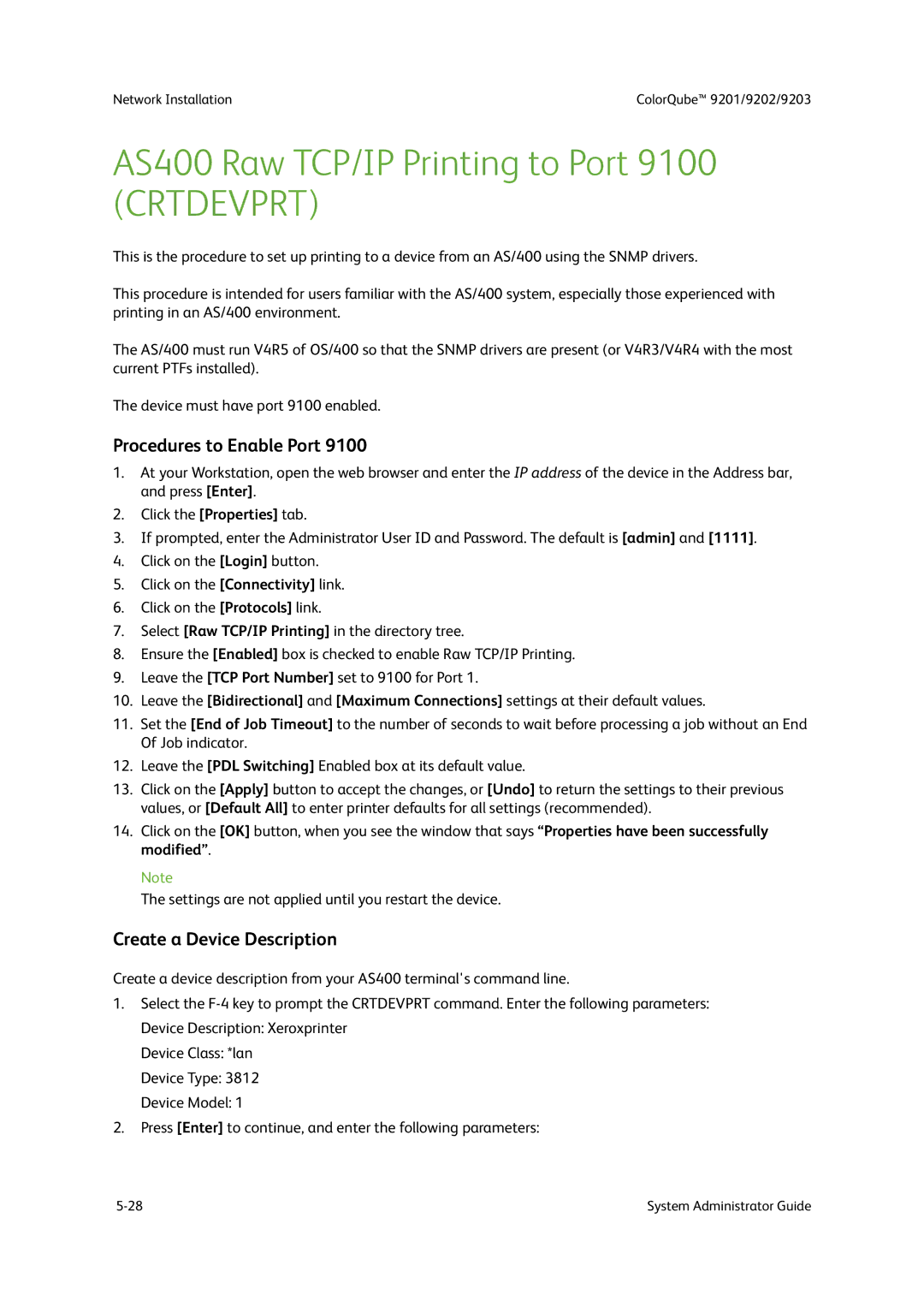 Xerox 9201, 9202, 9203 manual AS400 Raw TCP/IP Printing to Port, Procedures to Enable Port, Create a Device Description 